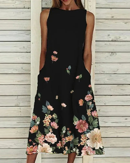 CD | Rochie midi pentru femei - A-line fără mâneci - Decolteu înalt - Detalii florale - Fibre naturale