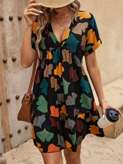 CD | Imprimate V-neck cu mânecă scurtă boho rochie mini