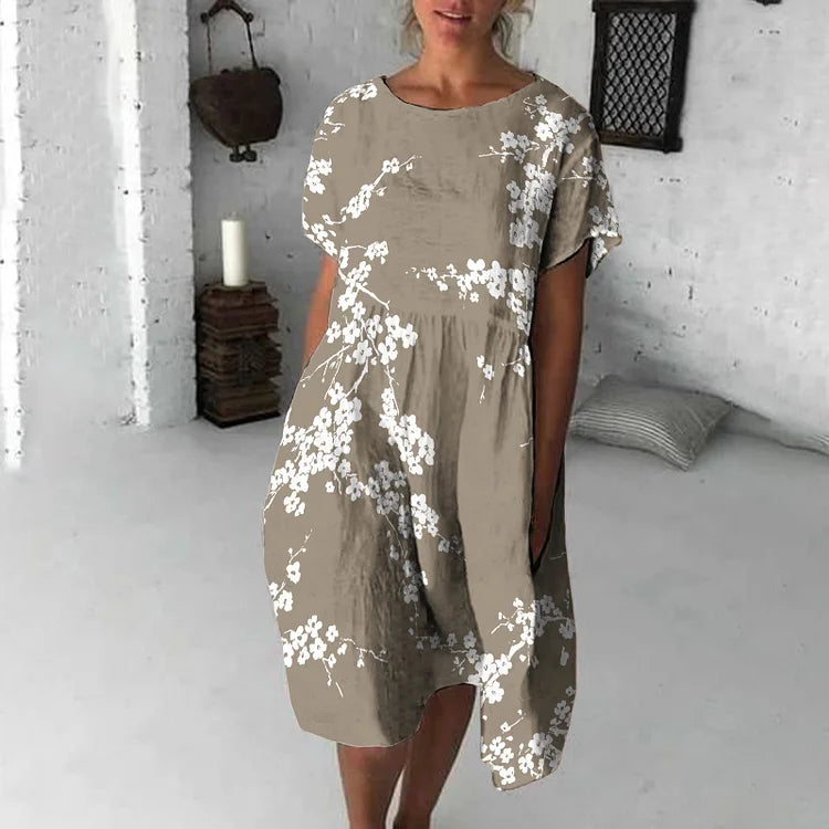 CD | Rochie midi pentru femei - Croială fluidă - Mâneci scurte - Imprimeu floral - Amestec respirabil