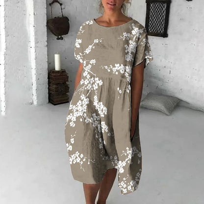 CD | Rochie midi pentru femei - Croială fluidă - Mâneci scurte - Imprimeu floral - Amestec respirabil
