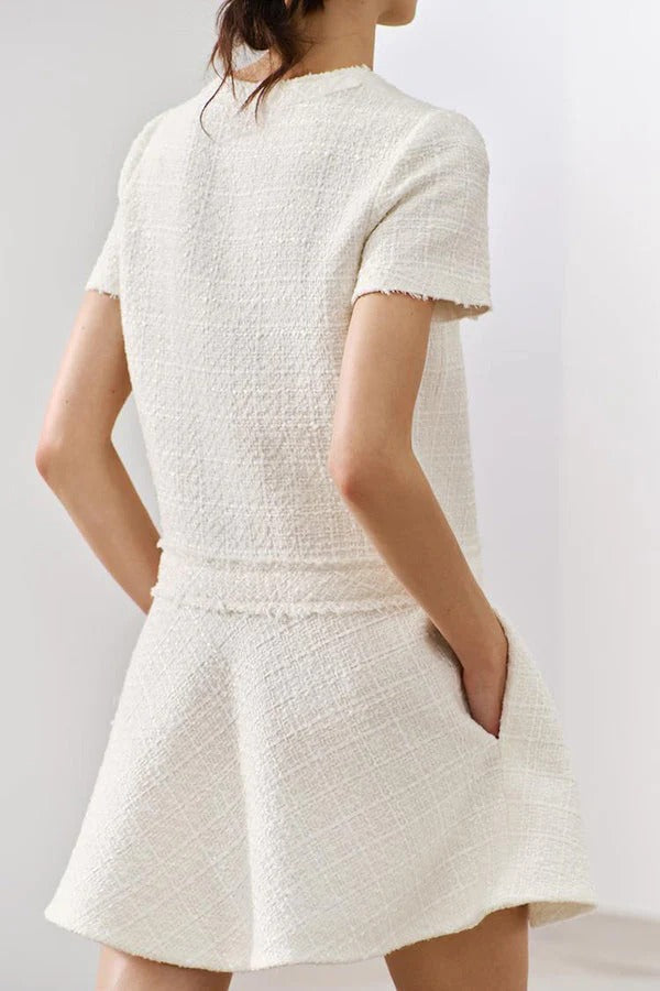 CD | 1960s London Girl tweed texturat aur buton cu mânecă scurtă buzunar mini rochie