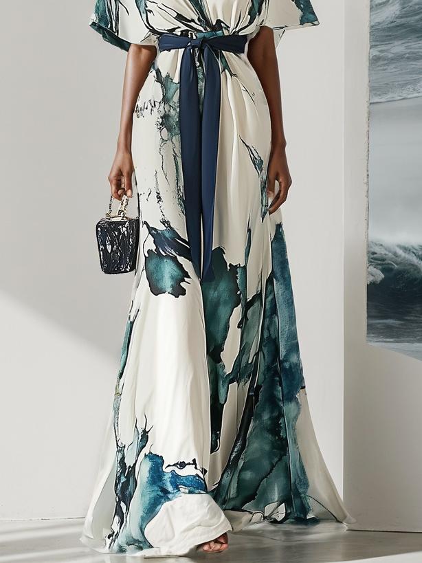 CD | Rochie maxi trendy cu mânecă scurtă și decolteu în V