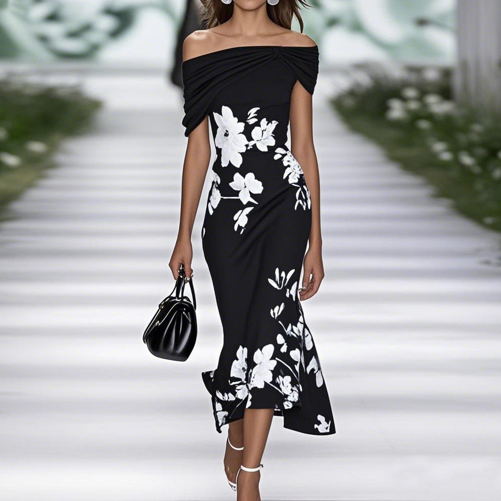 CD | Rochie midi pentru femei - fără umeri - montată - imprimeu floral - amestec respirabil