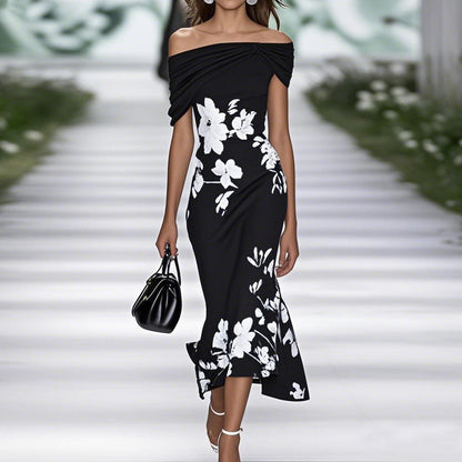 CD | Rochie midi pentru femei - fără umeri - montată - imprimeu floral - amestec respirabil