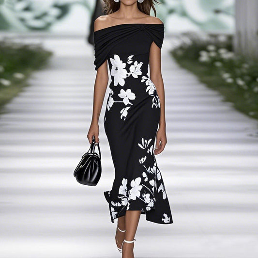 CD | Rochie midi pentru femei - fără umeri - montată - imprimeu floral - amestec respirabil