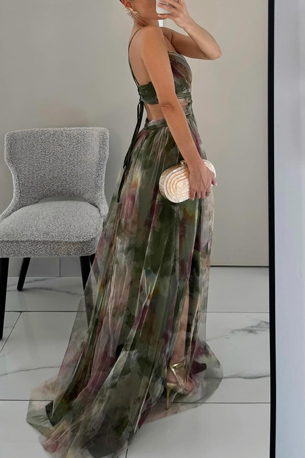 CD | Rochie lungă elegantă cu imprimeu și șireturi sofisticate pentru un look șic