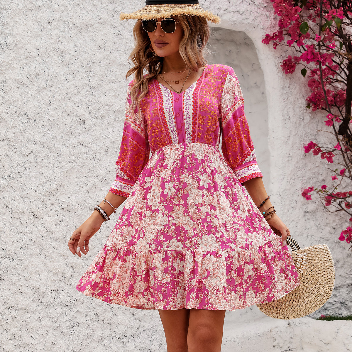 CD | Bohemia Print V-Neck Casual Mini rochie