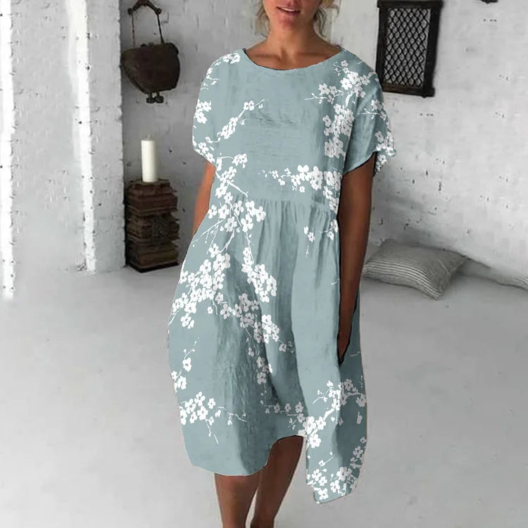 CD | Rochie midi pentru femei - Croială fluidă - Mâneci scurte - Imprimeu floral - Amestec respirabil