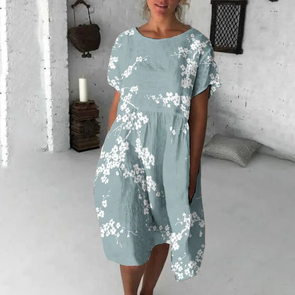 CD | Rochie midi pentru femei - Croială fluidă - Mâneci scurte - Imprimeu floral - Amestec respirabil