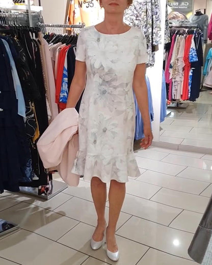 CD | Rochie elegantă cu imprimeu floral, decolteu rotund, mâneci scurte