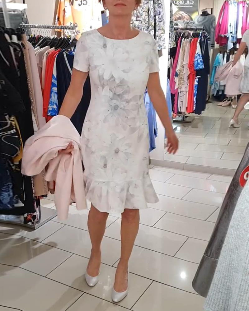 CD | Rochie elegantă cu imprimeu floral, decolteu rotund, mâneci scurte