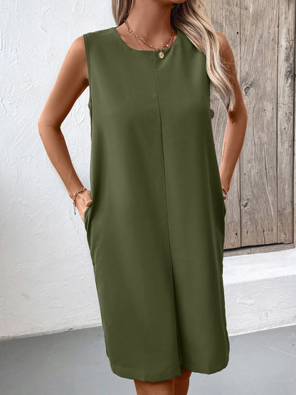 CD | Rochie mini cu buzunare și decolteu rotund fără mâneci