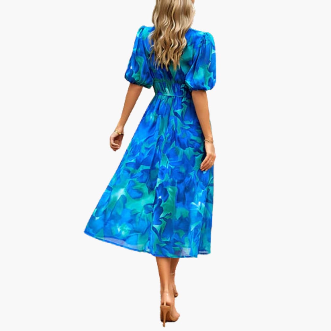 CD | Rochie midi de vară pentru femei cu imprimeu floral și mâneci lanternă