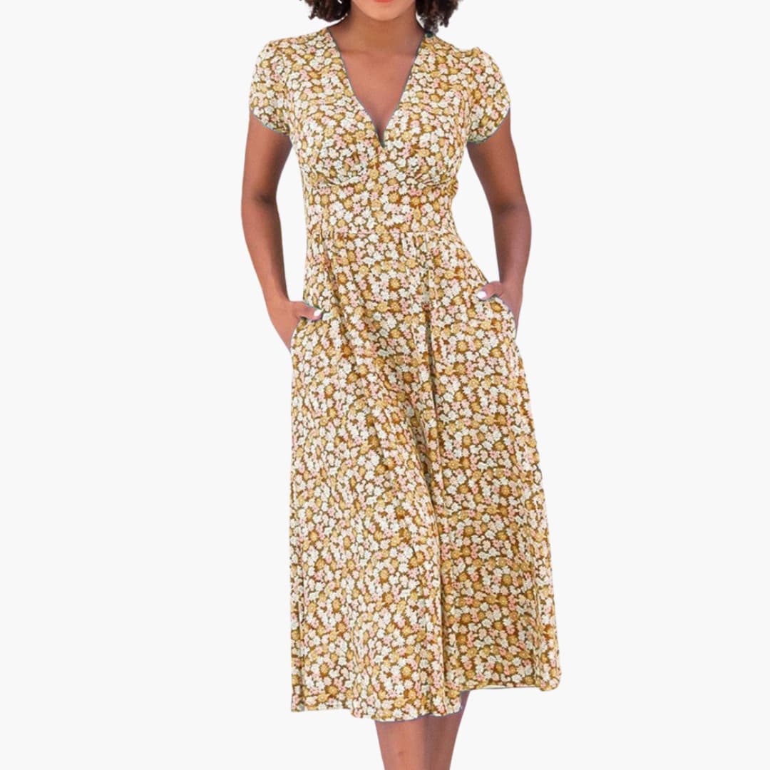 CD | Rochie midi florală pentru femei cu buzunare și mâneci scurte
