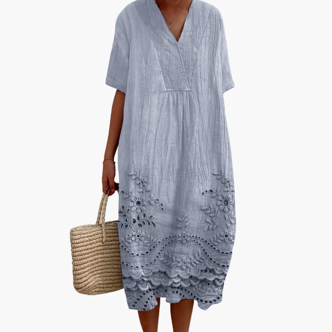 CD | Rochie midi de vară pentru femei cu broderie și mâneci scurte