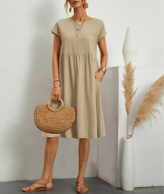 CD | Rochie midi cu mânecă scurtă din bumbac și in pentru femei