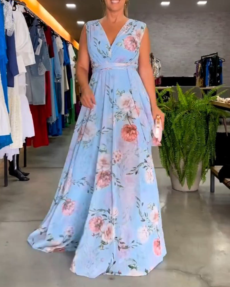 CD | Rochie lungă florală fără mâneci cu tiv despicat