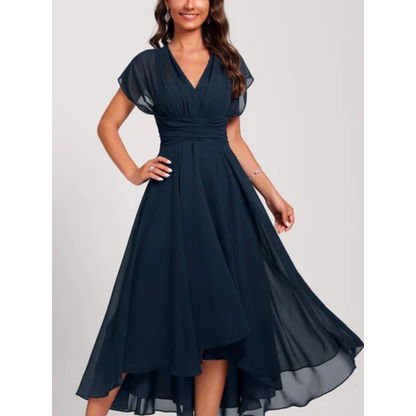 CD | Rochie midi pentru femei - Fit and flare - Decolteu în V - Mâneci fluture - Decolteu fluid, cu cravată