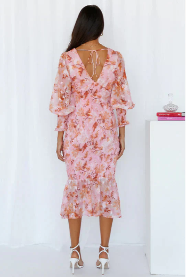 CD | Rochie midi mulată, florală, cu mâneci din voal