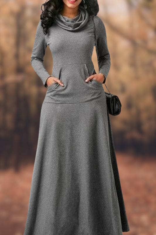 CD | Rochie maxi casual cu mânecă lungă, decolteu rotund și buzunar