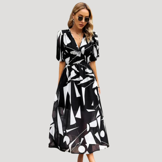CD | Ladies maneca bufanta V-neck imprimate rochie midi