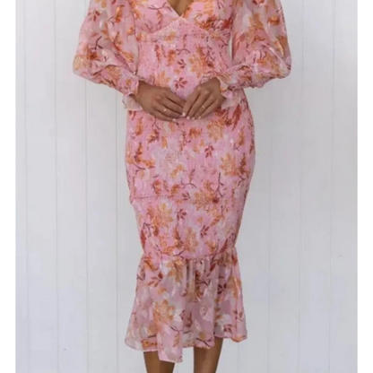 CD | Rochie midi mulată, florală, cu mâneci din voal