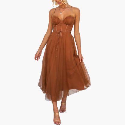 CD | Rochie maxi din tul pentru femei cu bretele spaghetti și bust adunat