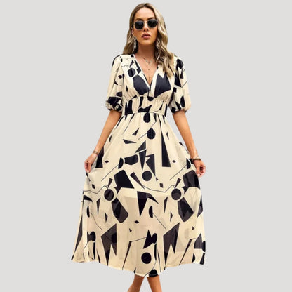 CD | Ladies maneca bufanta V-neck imprimate rochie midi