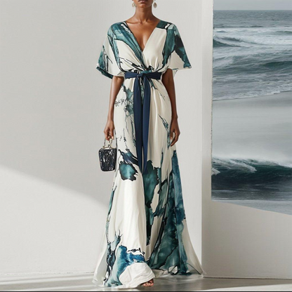 CD | Rochie maxi trendy cu mânecă scurtă și decolteu în V