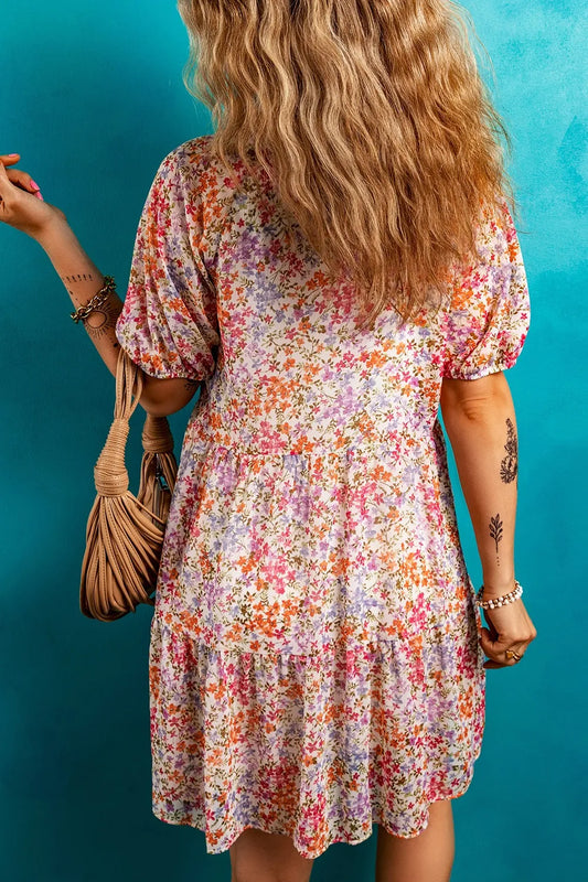 CD | Rochie mini floral cu mâneci bufante crestate