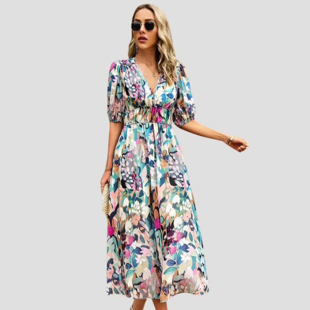 CD | Ladies maneca bufanta V-neck imprimate rochie midi