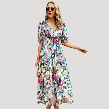 CD | Ladies maneca bufanta V-neck imprimate rochie midi