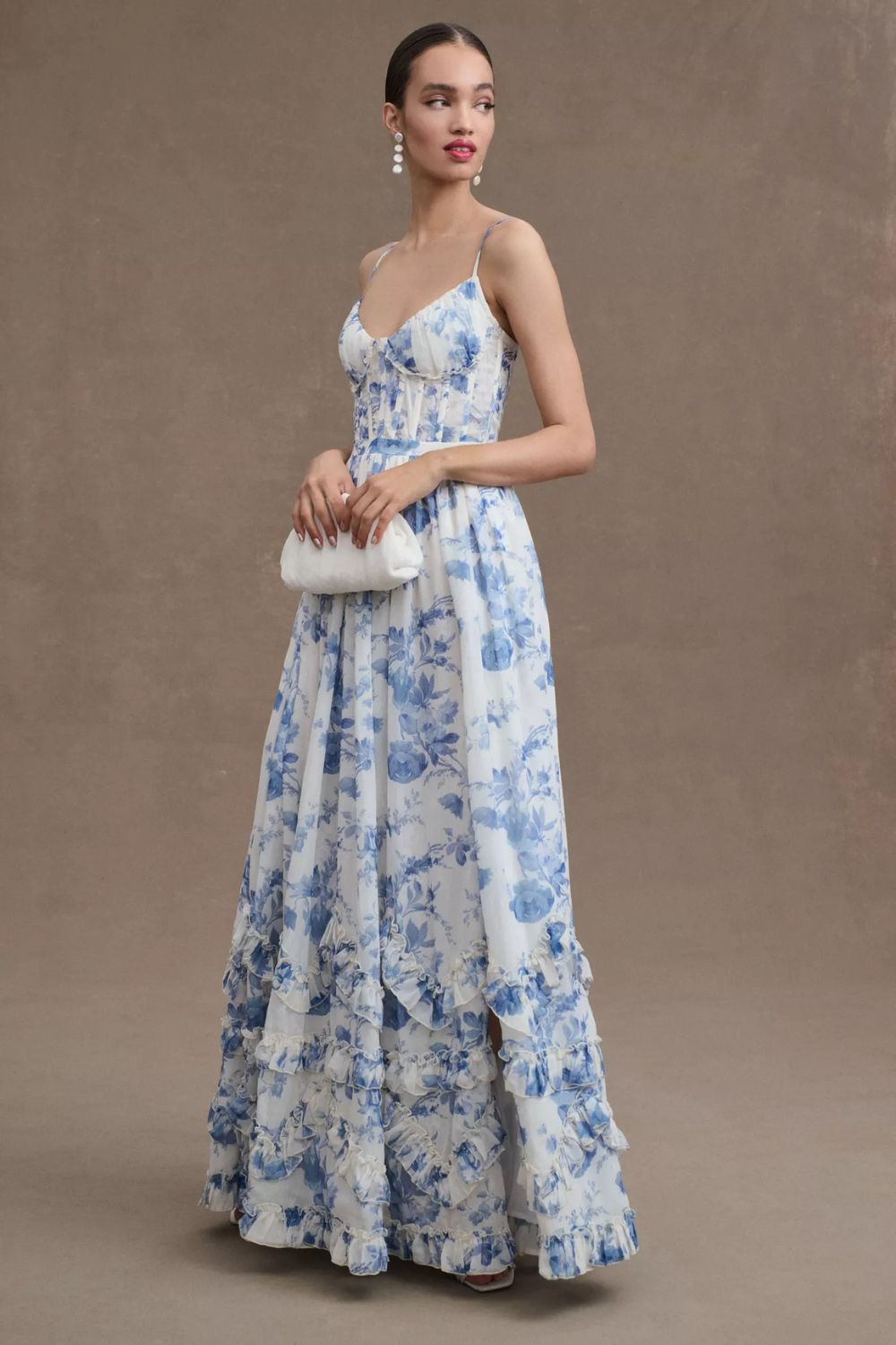 CD | Rochie lungă stil corset cu bretele înguste, tiv cu volane și imprimeu floral