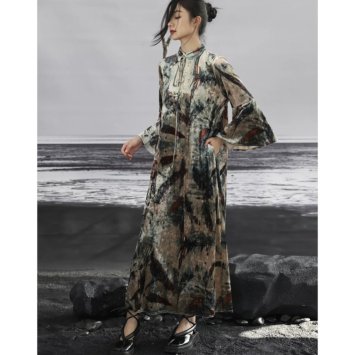 CD | Elegant catifea închisă retro rochie lungă cu disc butoane