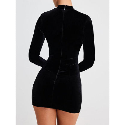 CD | Mini rochie sexy din catifea cu mânecă lungă, cu fermoar și plasă patchwork