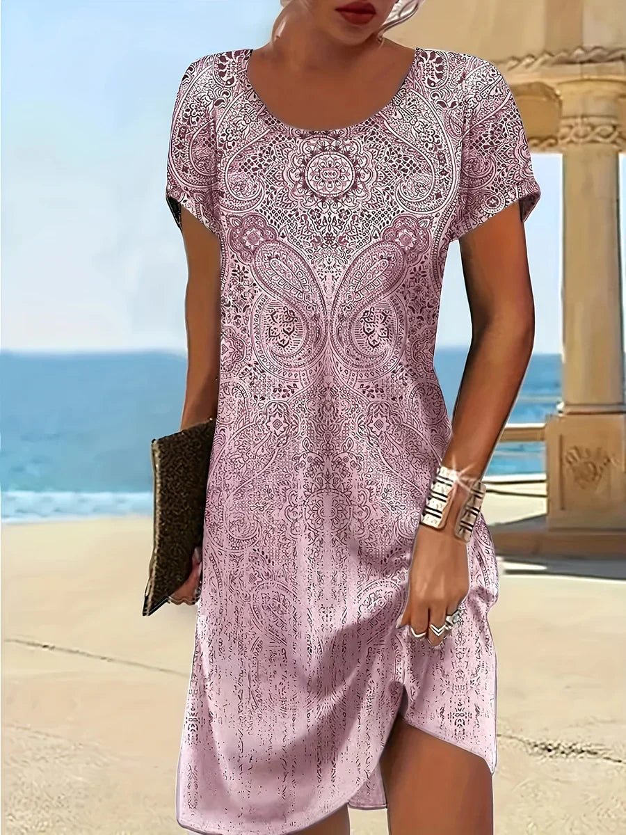 CD | Rochie midi pentru femei - Ținută relaxată - Decolteu rotund - Mâneci scurte - Material respirabil