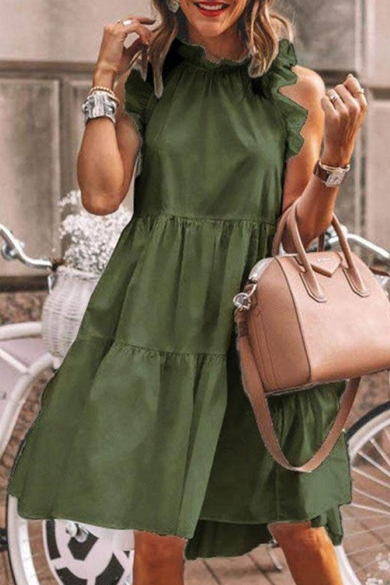 CD | Culoare solidă rochie volan patchwork stil dulce cu O-neck, Online A