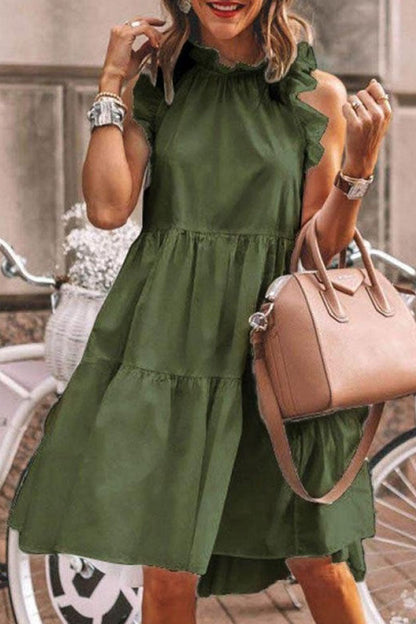 CD | Culoare solidă rochie volan patchwork stil dulce cu O-neck, Online A