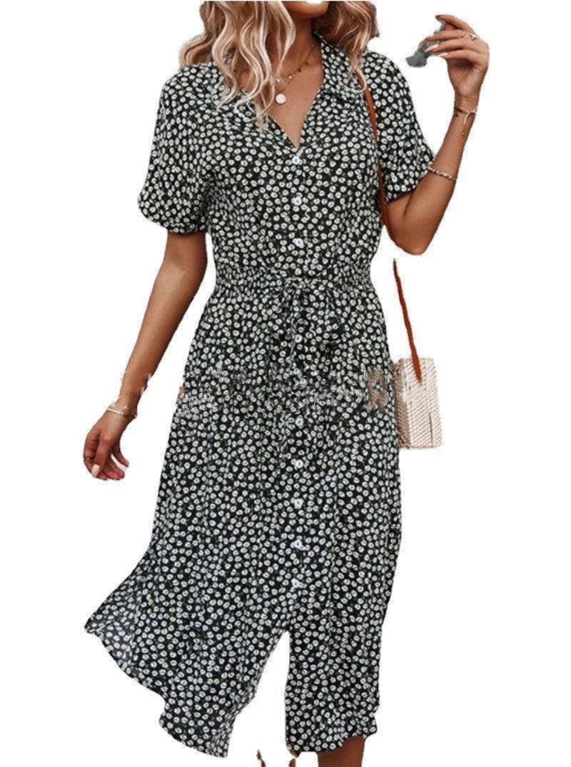 CD | 2021 New Floral Print Lapel Button Knotted Short Sleeve Dress