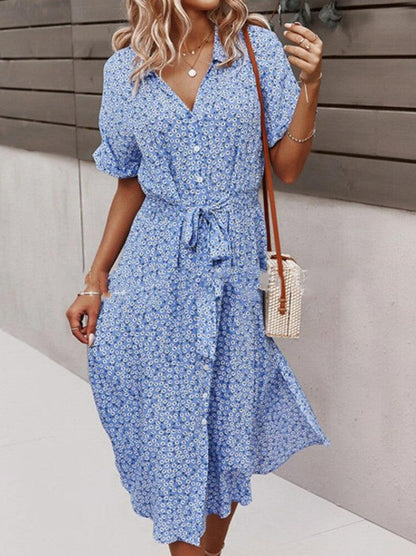 CD | 2021 New Floral Print Lapel Button Knotted Short Sleeve Dress