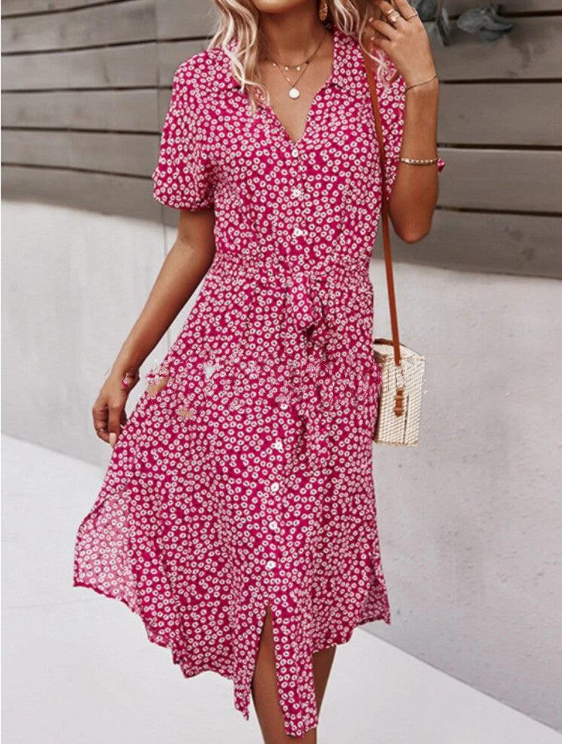 CD | 2021 New Floral Print Lapel Button Knotted Short Sleeve Dress