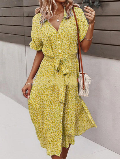 CD | 2021 New Floral Print Lapel Button Knotted Short Sleeve Dress