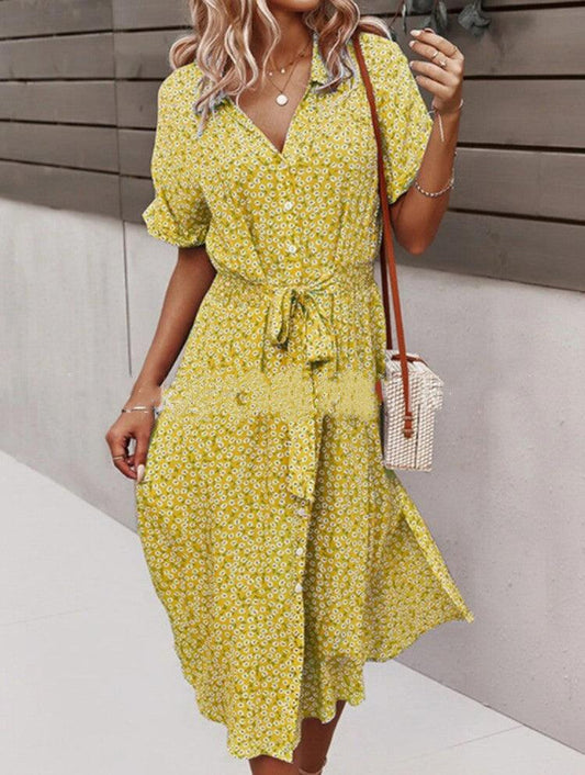 CD | 2021 New Floral Print Lapel Button Knotted Short Sleeve Dress