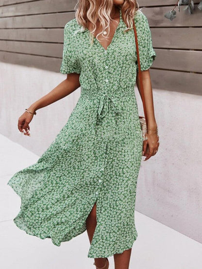 CD | 2021 New Floral Print Lapel Button Knotted Short Sleeve Dress