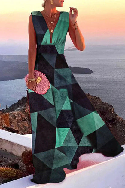 CD | Rochie maxi pentru femei - Croială fluidă - Decolteu adânc în V - Fără mâneci - Model geometric - Amestec de bumbac
