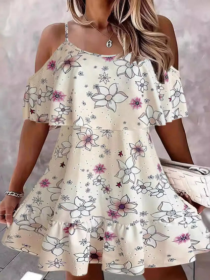 CD | Floral Cold Shoulder Ruffle Mini Rochie