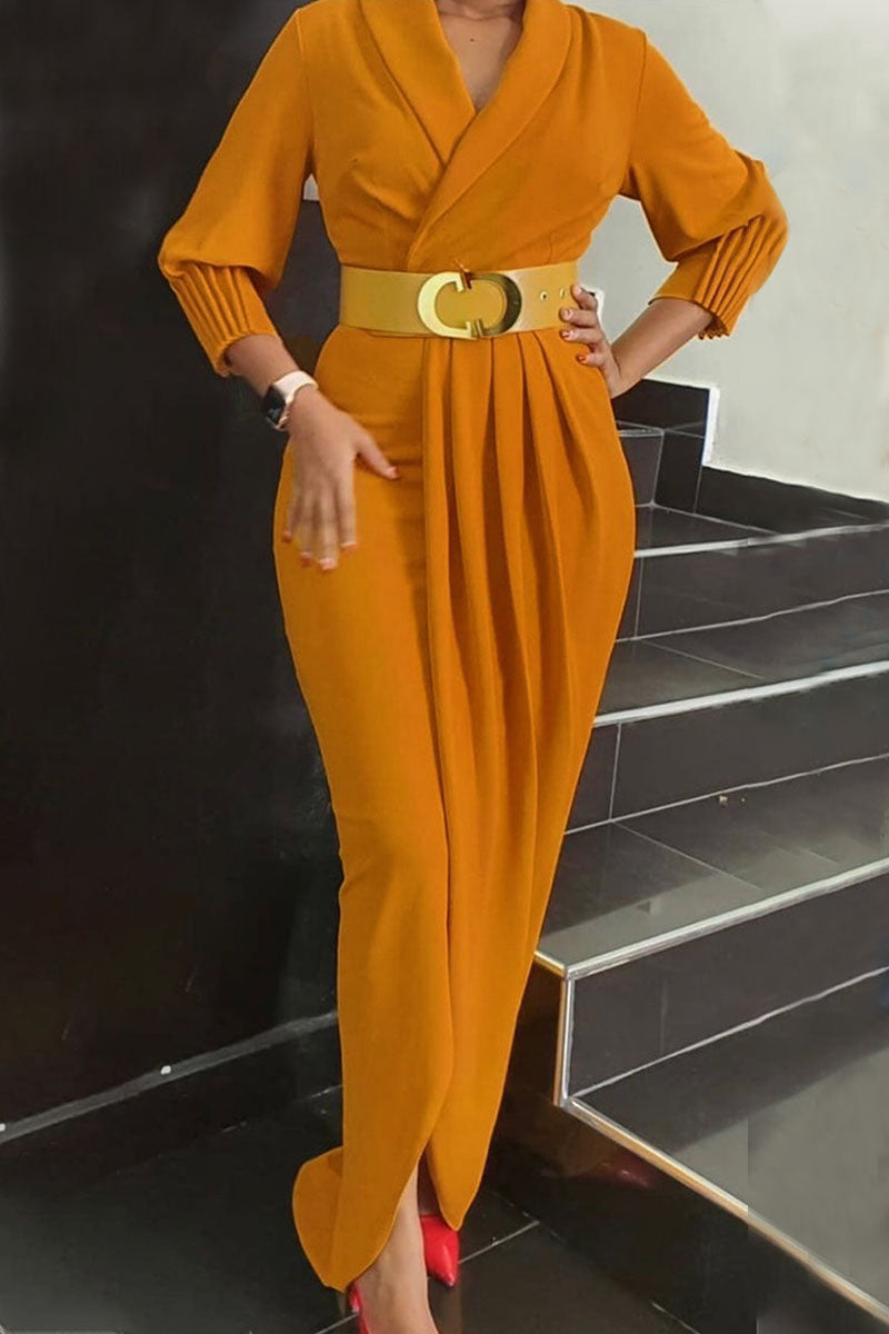 CD | Elegant solid patchwork pliuri cu curea V-Neck Long Sleeve Plus Dimensiune rochii