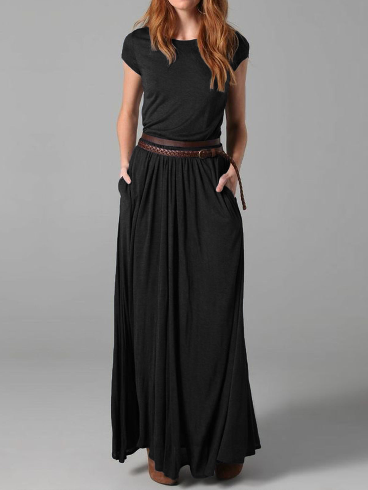CD | Femei de vară Elegant culoare solidă rotund gât rochie