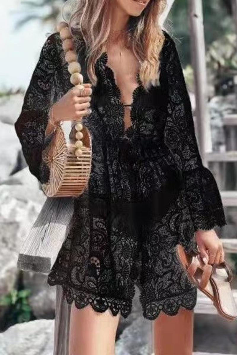 CD | Casual Holiday Solid dantelă brodate costume de baie Cover Up