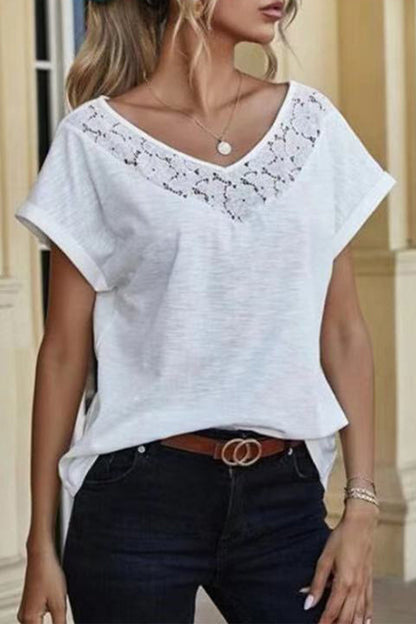 CD | Casual solid dantelă patchwork v-neck tricouri (3 culori)